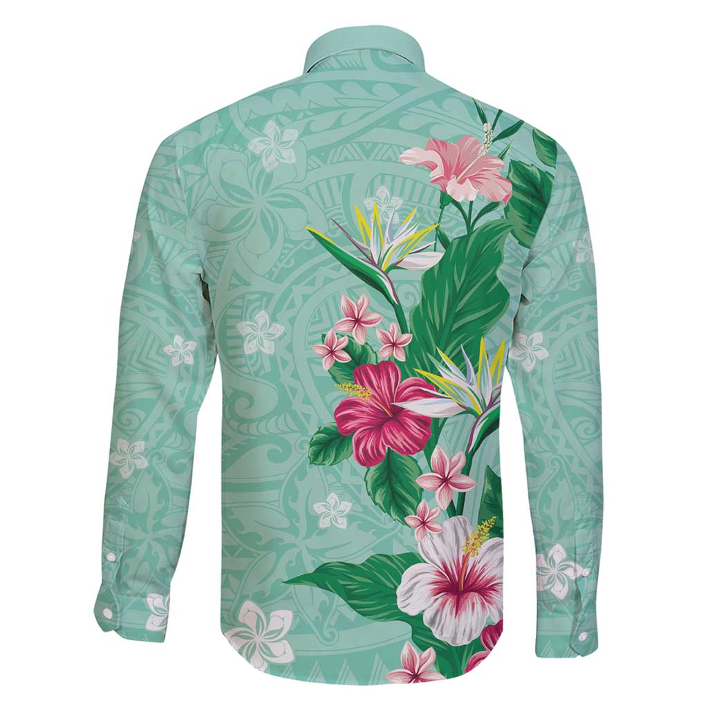 Hawaii Tropical Flowers Family Matching Short Sleeve Bodycon Dress and Hawaiian Shirt Polynesian Tattoo Mint Green