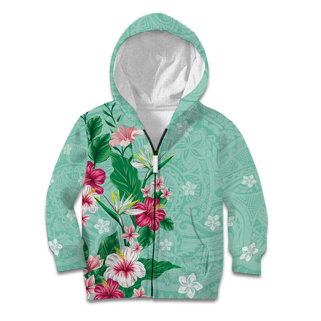 Hawaii Tropical Flowers Kid Hoodie Polynesian Tattoo Mint Green