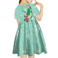 Hawaii Tropical Flowers Kid Short Sleeve Dress Polynesian Tattoo Mint Green