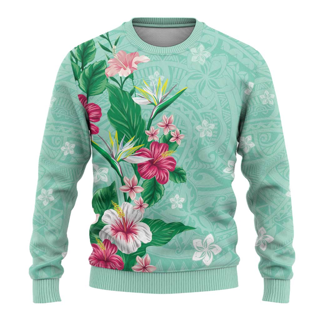 Hawaii Tropical Flowers Ugly Christmas Sweater Polynesian Tattoo Mint Green