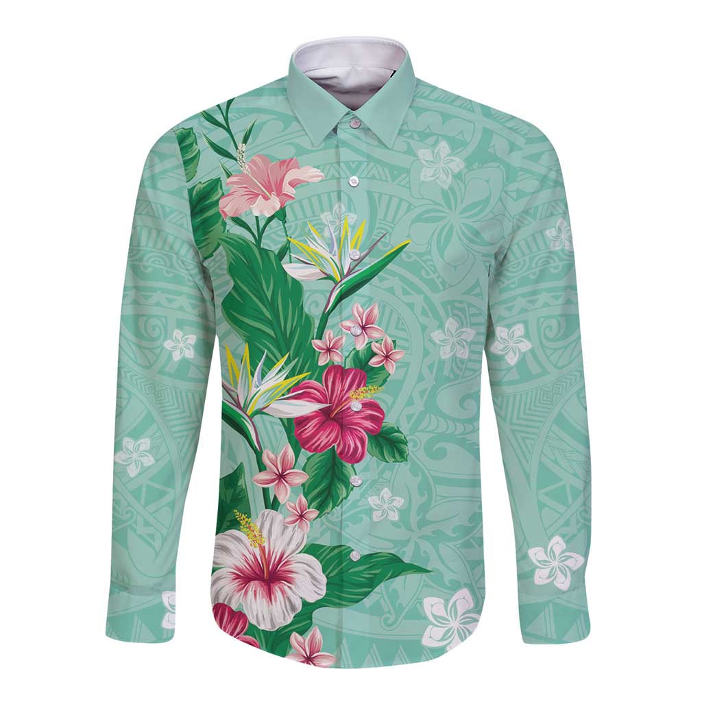 Hawaii Tropical Flowers Long Sleeve Button Shirt Polynesian Tattoo Mint Green LT05 Unisex Green - Polynesian Pride
