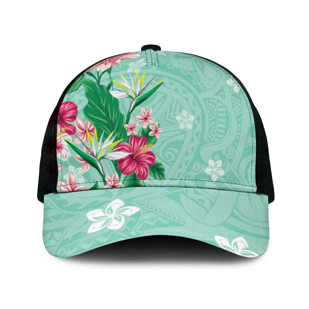 Hawaii Tropical Flowers Mesh Trucker Cap Polynesian Tattoo Mint Green