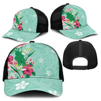 Hawaii Tropical Flowers Mesh Trucker Cap Polynesian Tattoo Mint Green