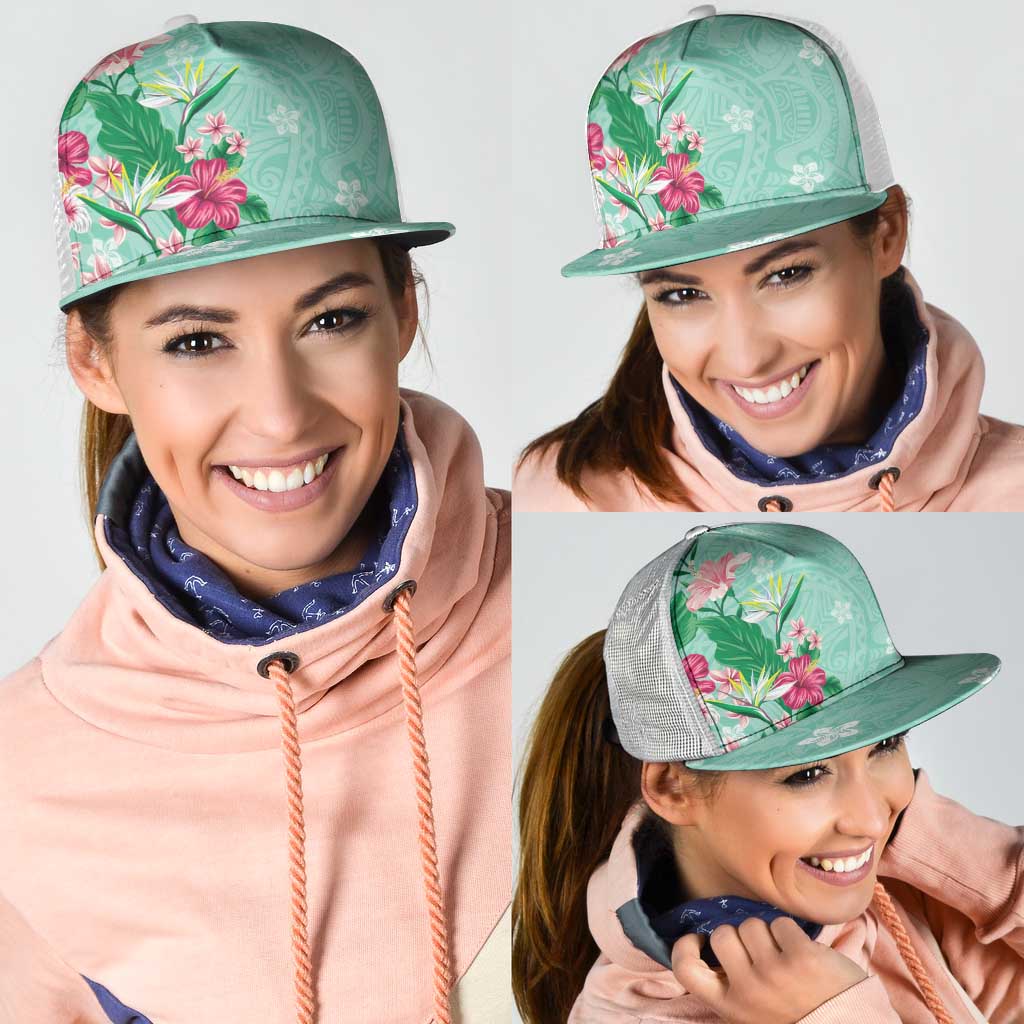 Hawaii Tropical Flowers Mesh Trucker Cap Polynesian Tattoo Mint Green