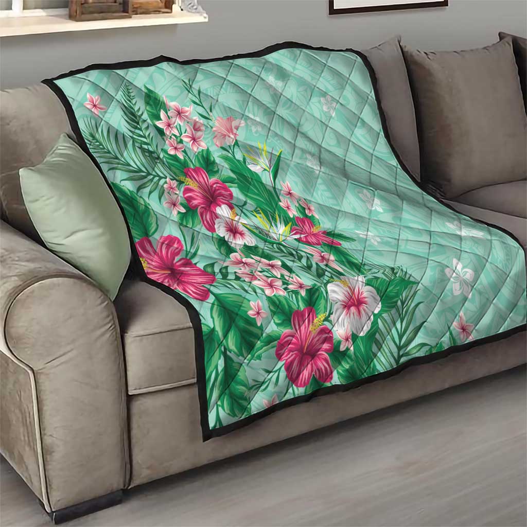 Hawaii Tropical Flowers Quilt Polynesian Tattoo Mint Green