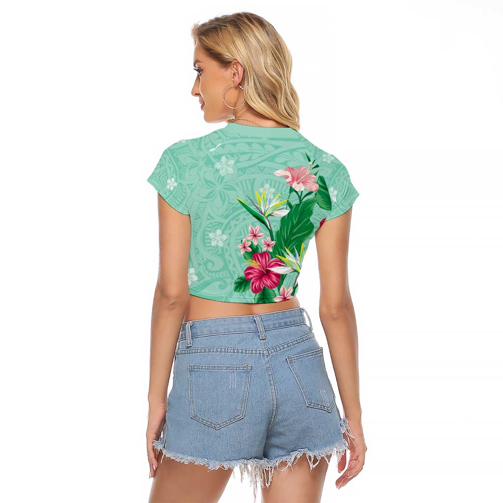 Hawaii Tropical Flowers Raglan Cropped T Shirt Polynesian Tattoo Mint Green