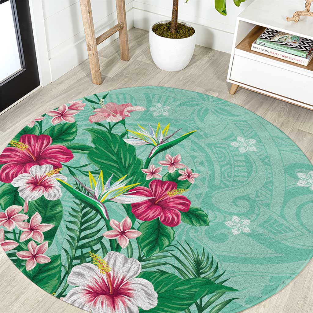 Hawaii Tropical Flowers Round Carpet Polynesian Tattoo Mint Green LT05 Green - Polynesian Pride