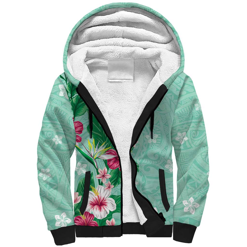 Hawaii Tropical Flowers Sherpa Hoodie Polynesian Tattoo Mint Green LT05 Unisex Green - Polynesian Pride