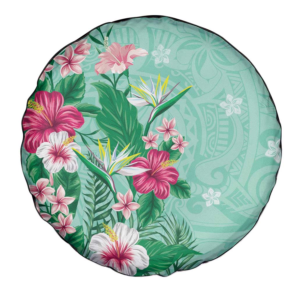 Hawaii Tropical Flowers Spare Tire Cover Polynesian Tattoo Mint Green