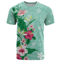 Hawaii Tropical Flowers T Shirt Polynesian Tattoo Mint Green