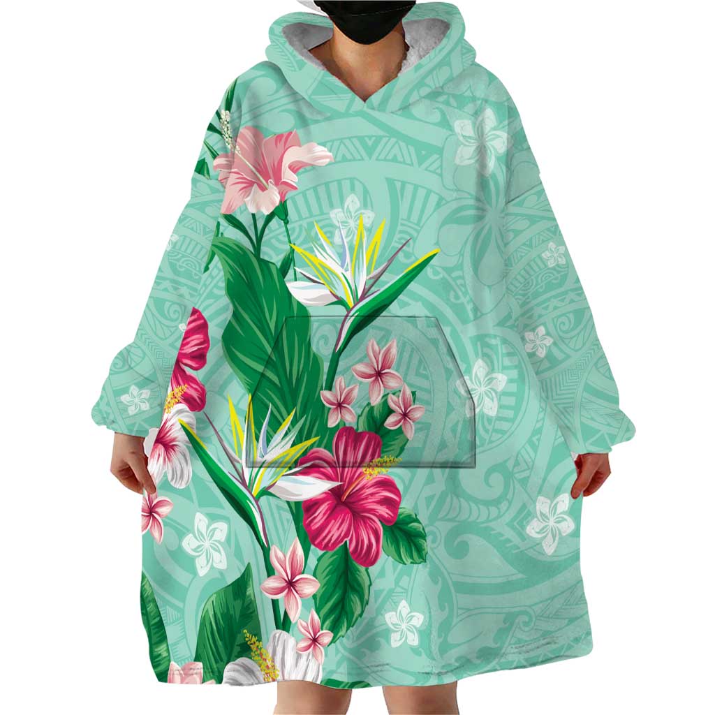 Hawaii Tropical Flowers Wearable Blanket Hoodie Polynesian Tattoo Mint Green