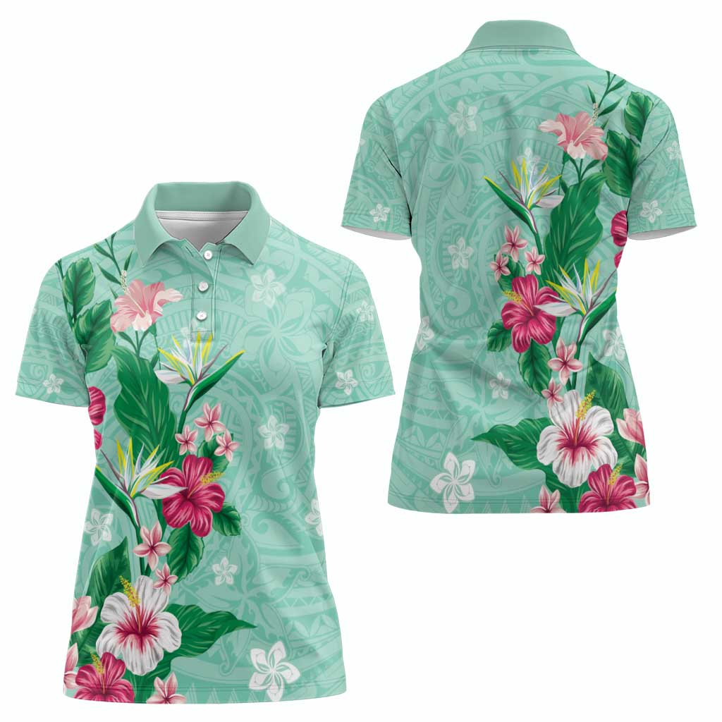 Hawaii Tropical Flowers Women Polo Shirt Polynesian Tattoo Mint Green