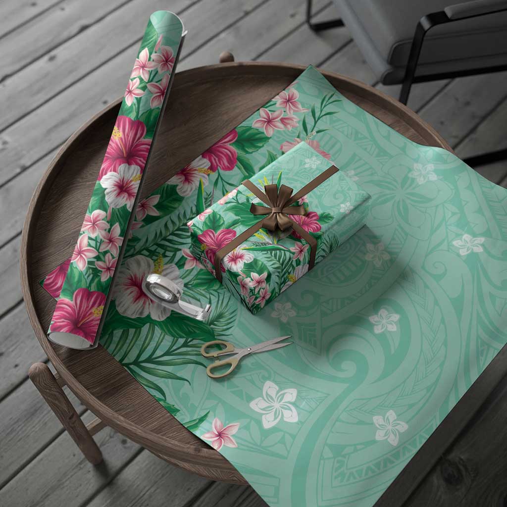 Hawaii Tropical Flowers Wrapping Paper Polynesian Tattoo Mint Green - Polynesian Pride