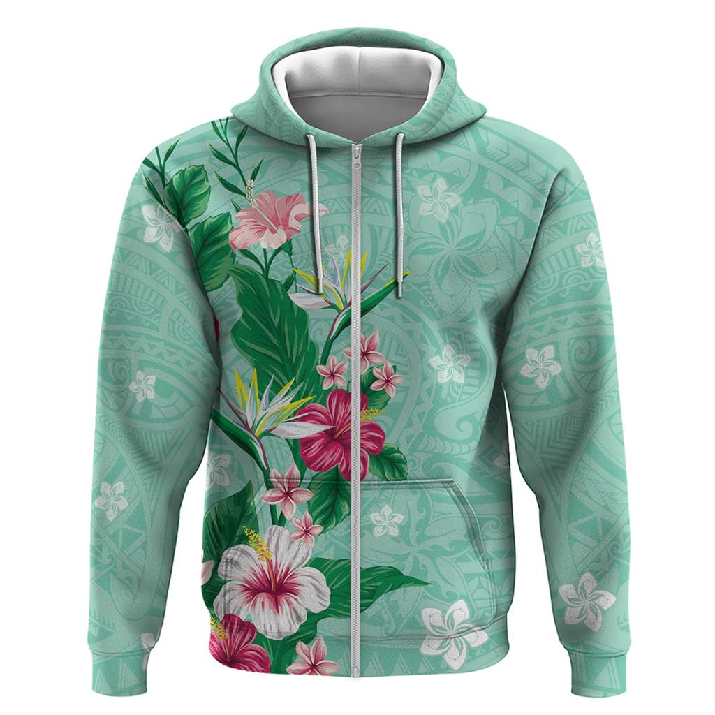 Hawaii Tropical Flowers Zip Hoodie Polynesian Tattoo Mint Green LT05 Zip Hoodie Green - Polynesian Pride