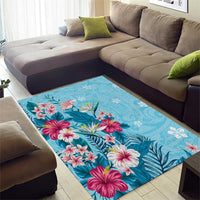 Hawaii Tropical Flowers Area Rug Polynesian Tattoo Sky Blue