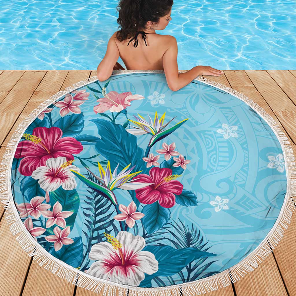 Hawaii Tropical Flowers Beach Blanket Polynesian Tattoo Sky Blue