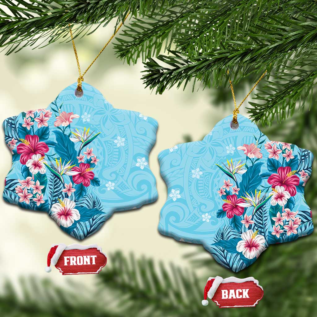 Hawaii Tropical Flowers Ceramic Ornament Polynesian Tattoo Sky Blue