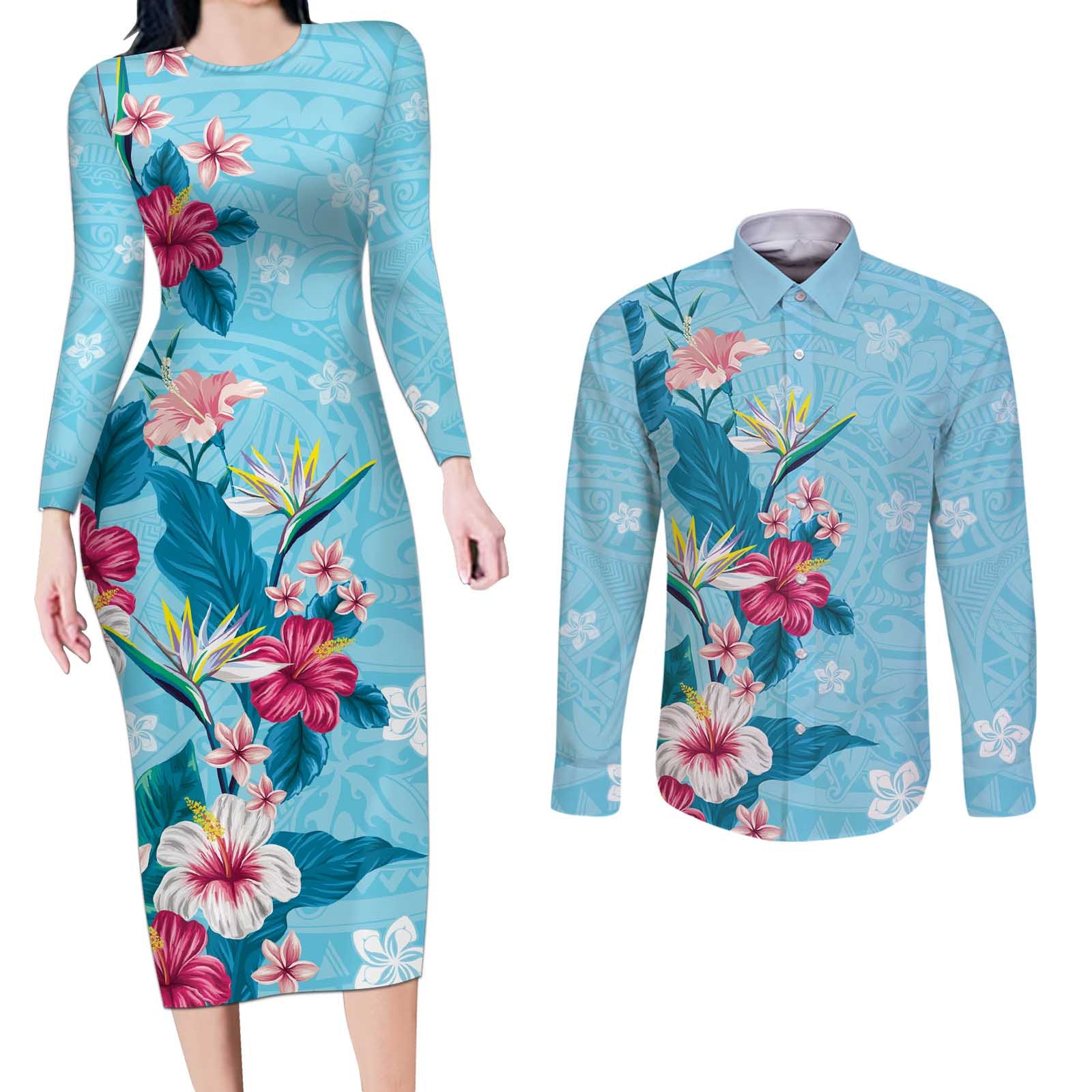 Hawaii Tropical Flowers Couples Matching Long Sleeve Bodycon Dress and Long Sleeve Button Shirt Polynesian Tattoo Sky Blue LT05 Blue - Polynesian Pride