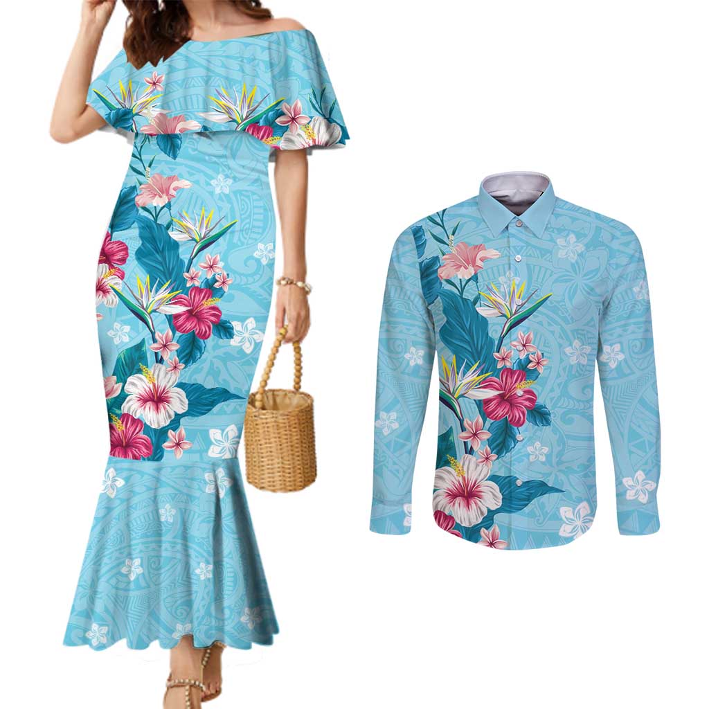 Hawaii Tropical Flowers Couples Matching Mermaid Dress and Long Sleeve Button Shirt Polynesian Tattoo Sky Blue LT05 Blue - Polynesian Pride