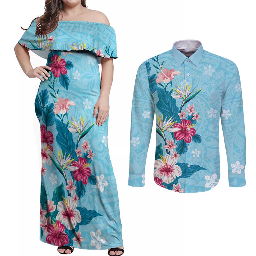 Hawaii Tropical Flowers Couples Matching Off Shoulder Maxi Dress and Long Sleeve Button Shirt Polynesian Tattoo Sky Blue LT05 Blue - Polynesian Pride
