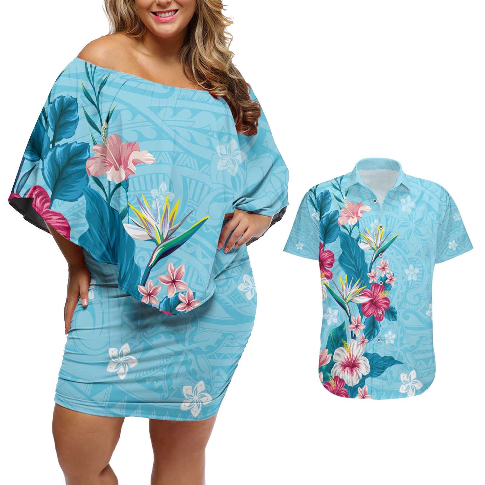 Hawaii Tropical Flowers Couples Matching Off Shoulder Short Dress and Hawaiian Shirt Polynesian Tattoo Sky Blue LT05 Blue - Polynesian Pride