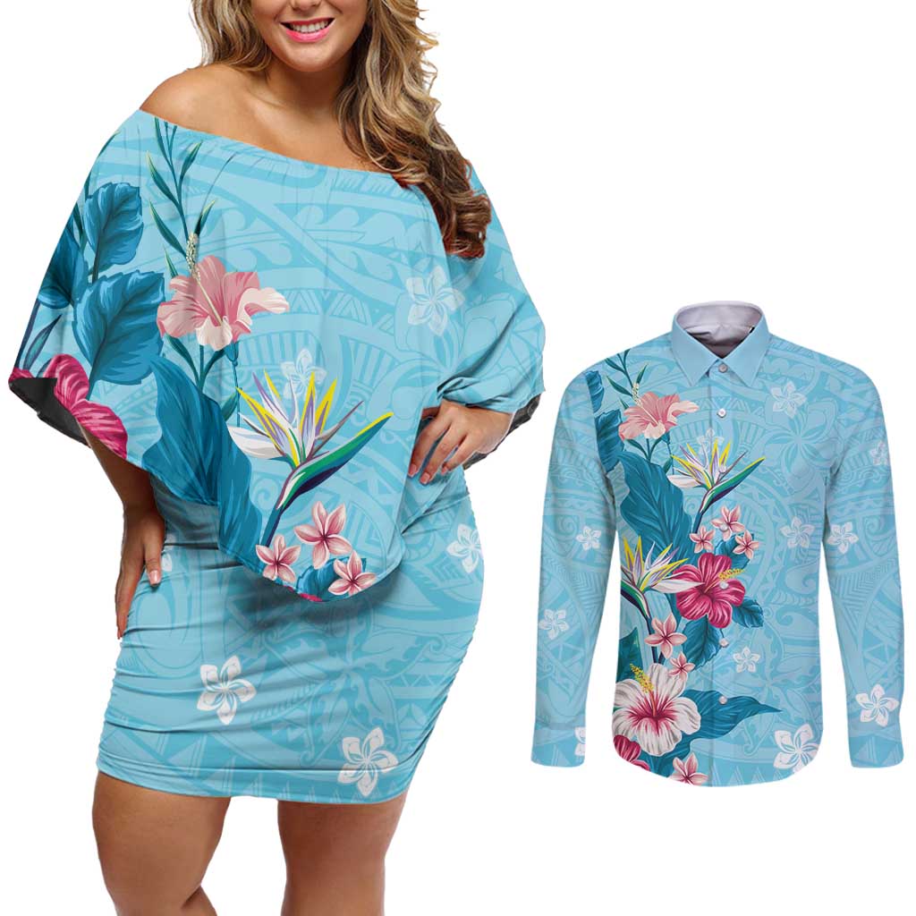 Hawaii Tropical Flowers Couples Matching Off Shoulder Short Dress and Long Sleeve Button Shirt Polynesian Tattoo Sky Blue LT05 Blue - Polynesian Pride