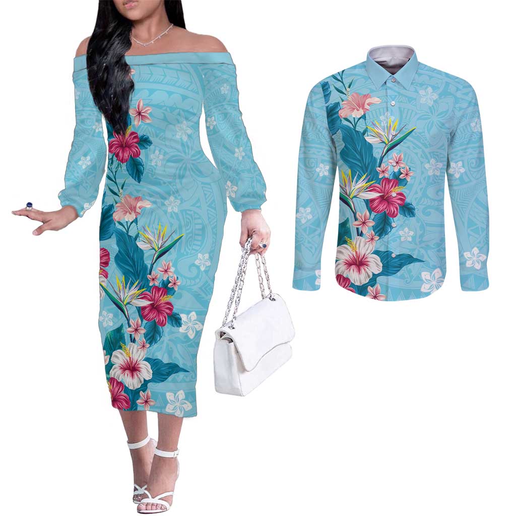 Hawaii Tropical Flowers Couples Matching Off The Shoulder Long Sleeve Dress and Long Sleeve Button Shirt Polynesian Tattoo Sky Blue LT05 Blue - Polynesian Pride