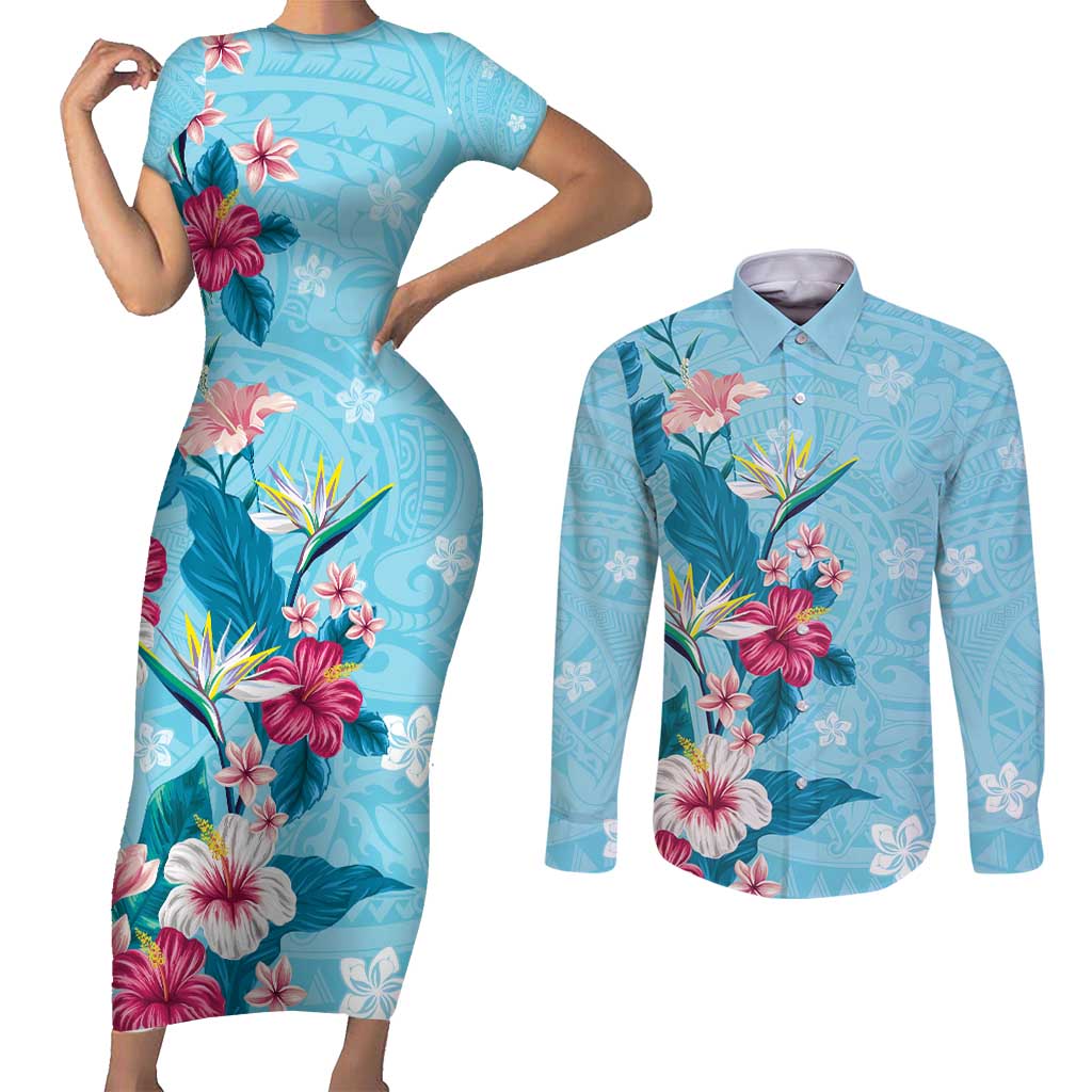 Hawaii Tropical Flowers Couples Matching Short Sleeve Bodycon Dress and Long Sleeve Button Shirt Polynesian Tattoo Sky Blue LT05 Blue - Polynesian Pride