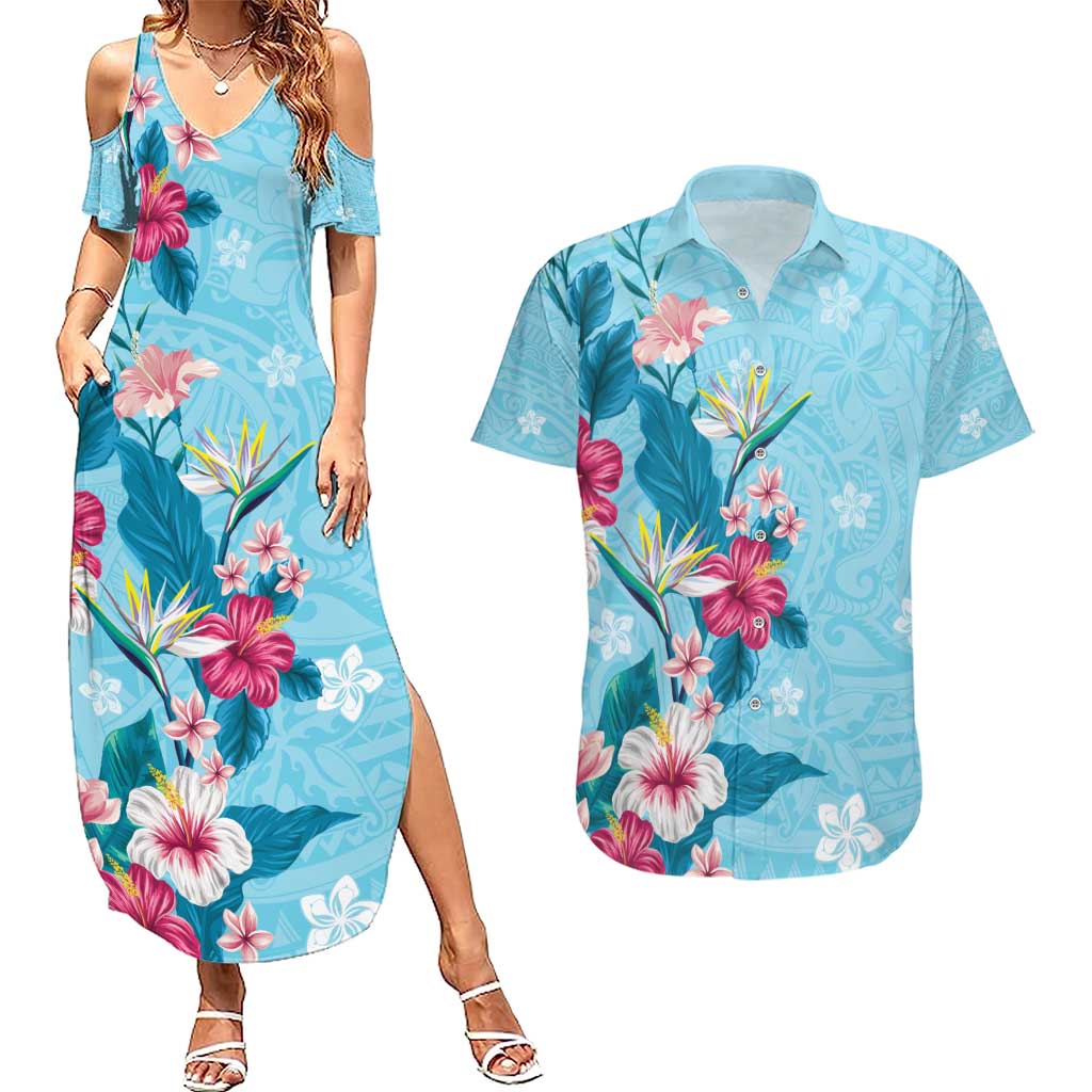 Hawaii Tropical Flowers Couples Matching Summer Maxi Dress and Hawaiian Shirt - Polynesian Tattoo Sky Blue LT05 Blue - Polynesian Pride