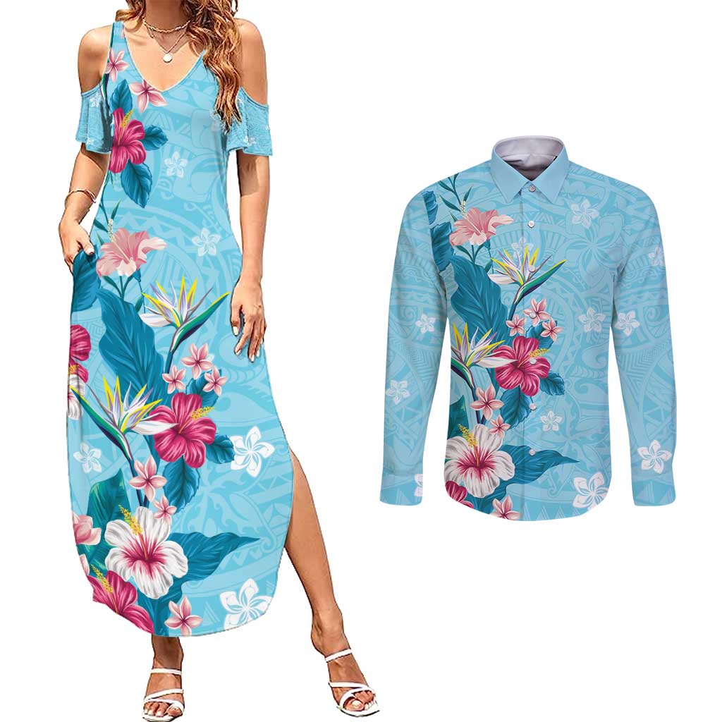 Hawaii Tropical Flowers Couples Matching Summer Maxi Dress and Long Sleeve Button Shirt Polynesian Tattoo Sky Blue LT05 Blue - Polynesian Pride