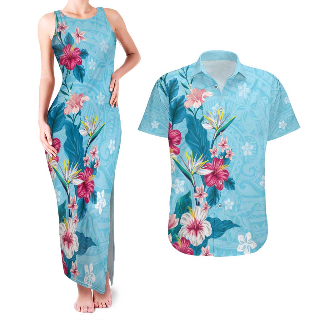 Hawaii Tropical Flowers Couples Matching Tank Maxi Dress and Hawaiian Shirt - Polynesian Tattoo Sky Blue LT05 Blue - Polynesian Pride