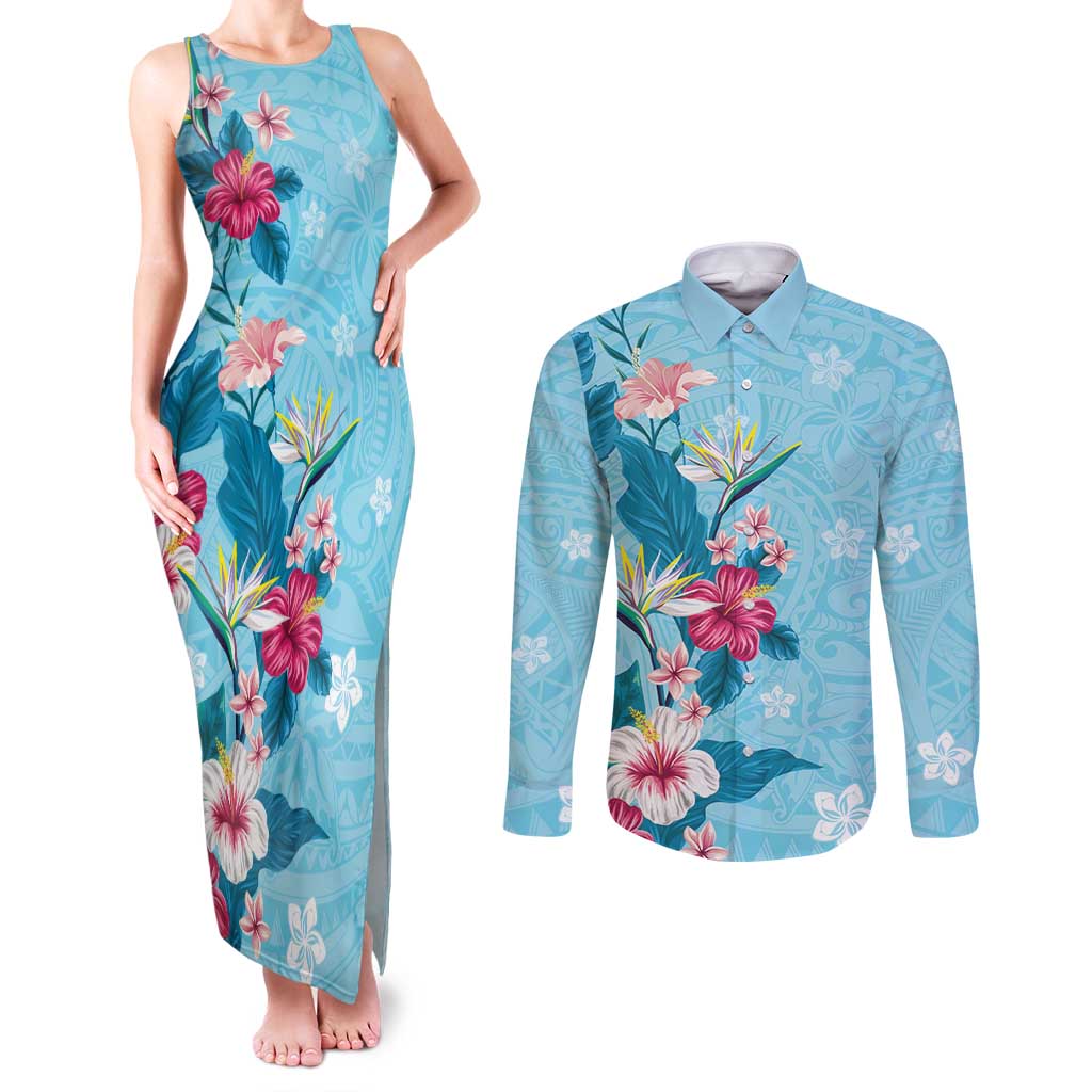 Hawaii Tropical Flowers Couples Matching Tank Maxi Dress and Long Sleeve Button Shirt Polynesian Tattoo Sky Blue LT05 Blue - Polynesian Pride