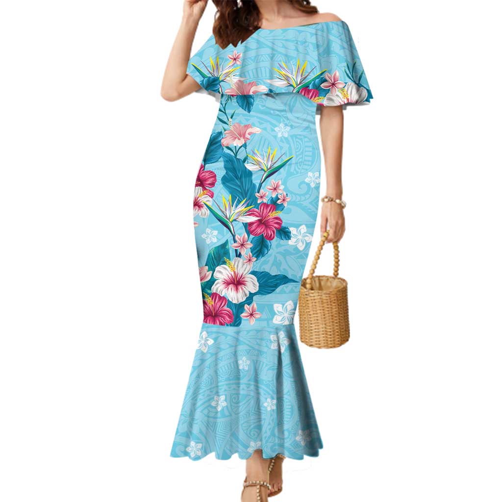 Hawaii Tropical Flowers Family Matching Mermaid Dress and Hawaiian Shirt Polynesian Tattoo Sky Blue