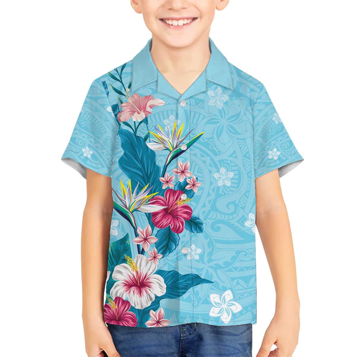 Hawaii Tropical Flowers Family Matching Off Shoulder Short Dress and Hawaiian Shirt Polynesian Tattoo Sky Blue