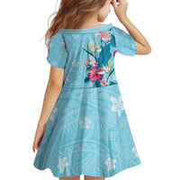 Hawaii Tropical Flowers Family Matching Short Sleeve Bodycon Dress and Hawaiian Shirt Polynesian Tattoo Sky Blue
