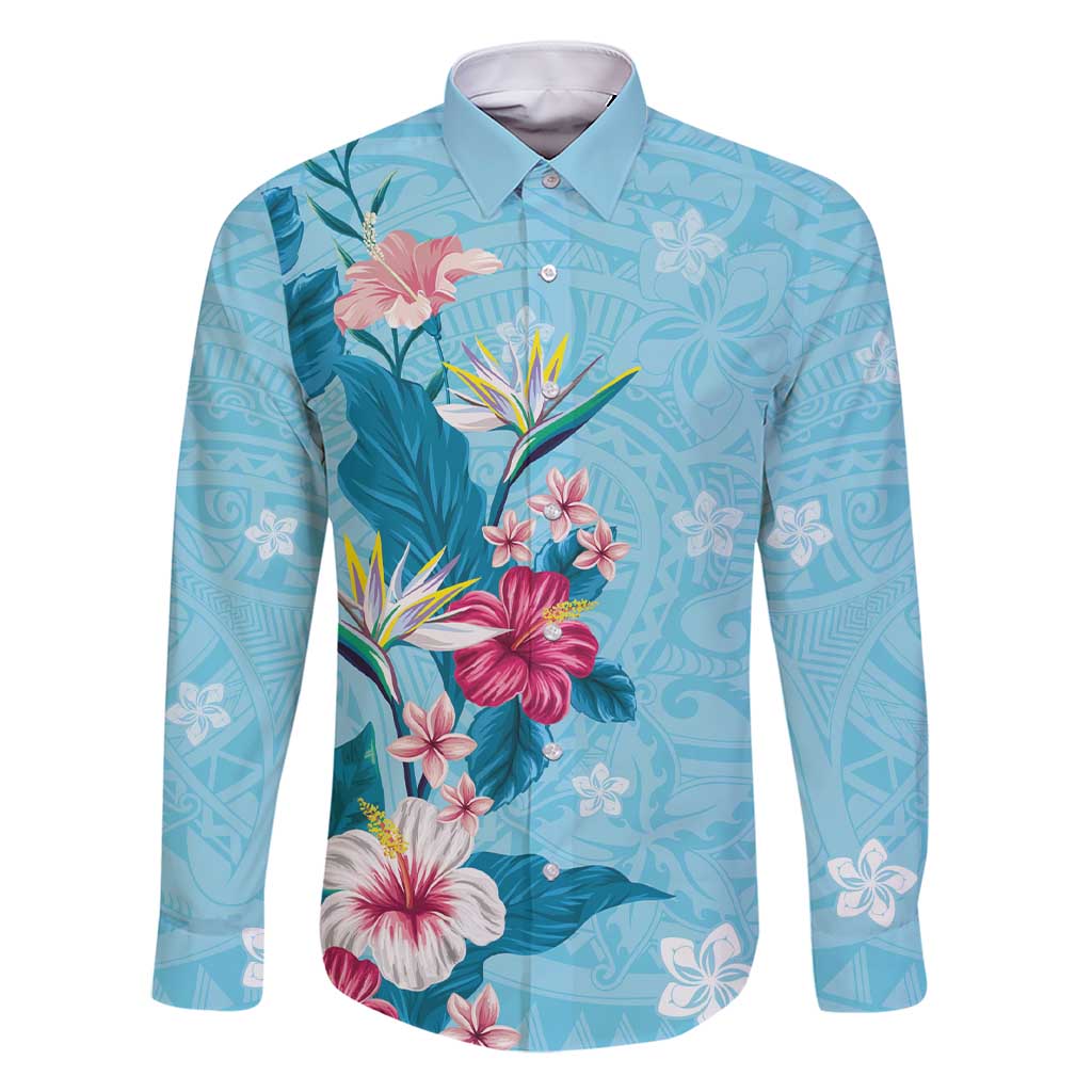 Hawaii Tropical Flowers Family Matching Short Sleeve Bodycon Dress and Hawaiian Shirt Polynesian Tattoo Sky Blue