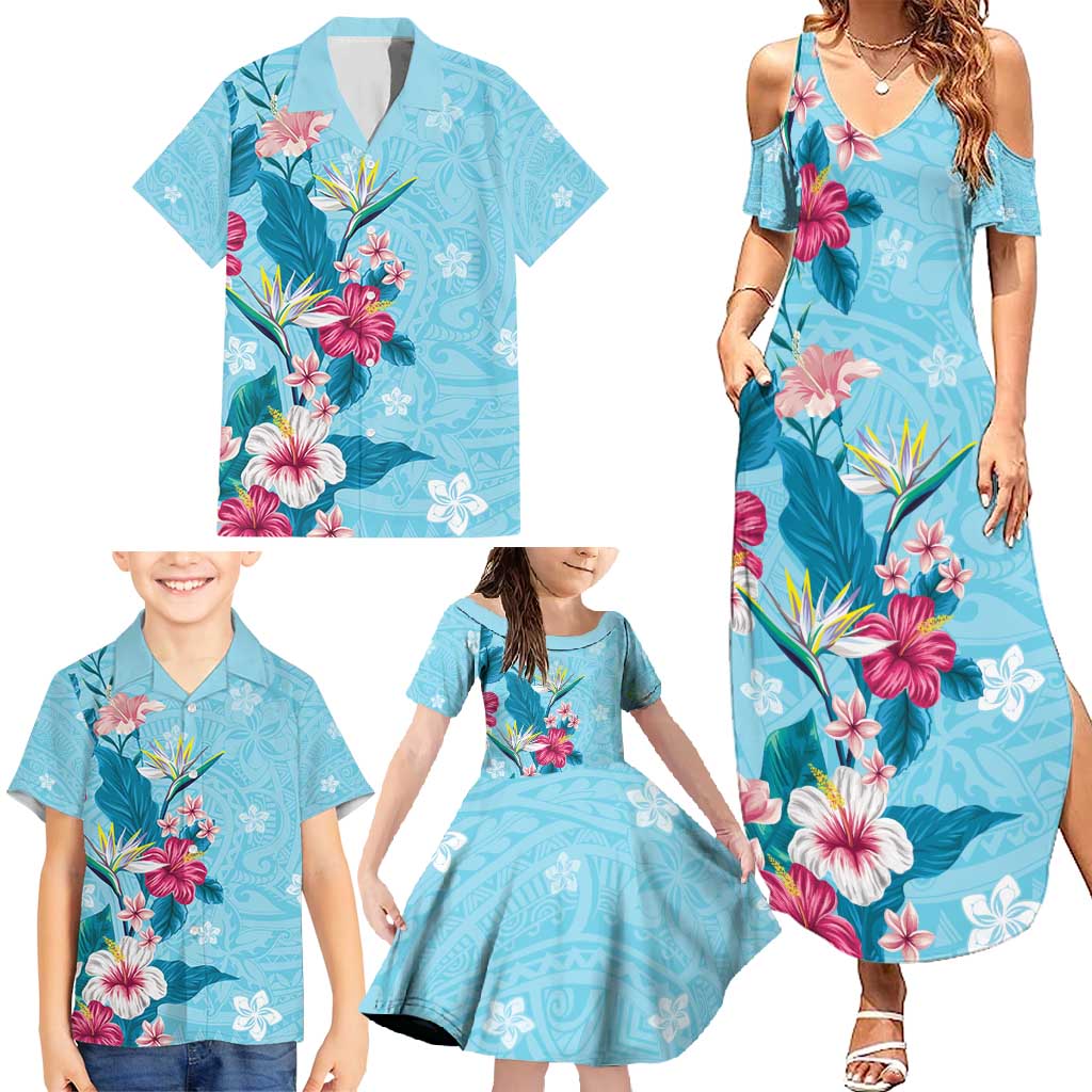 Hawaii Tropical Flowers Family Matching Summer Maxi Dress and Hawaiian Shirt - Polynesian Tattoo Sky Blue LT05 - Polynesian Pride