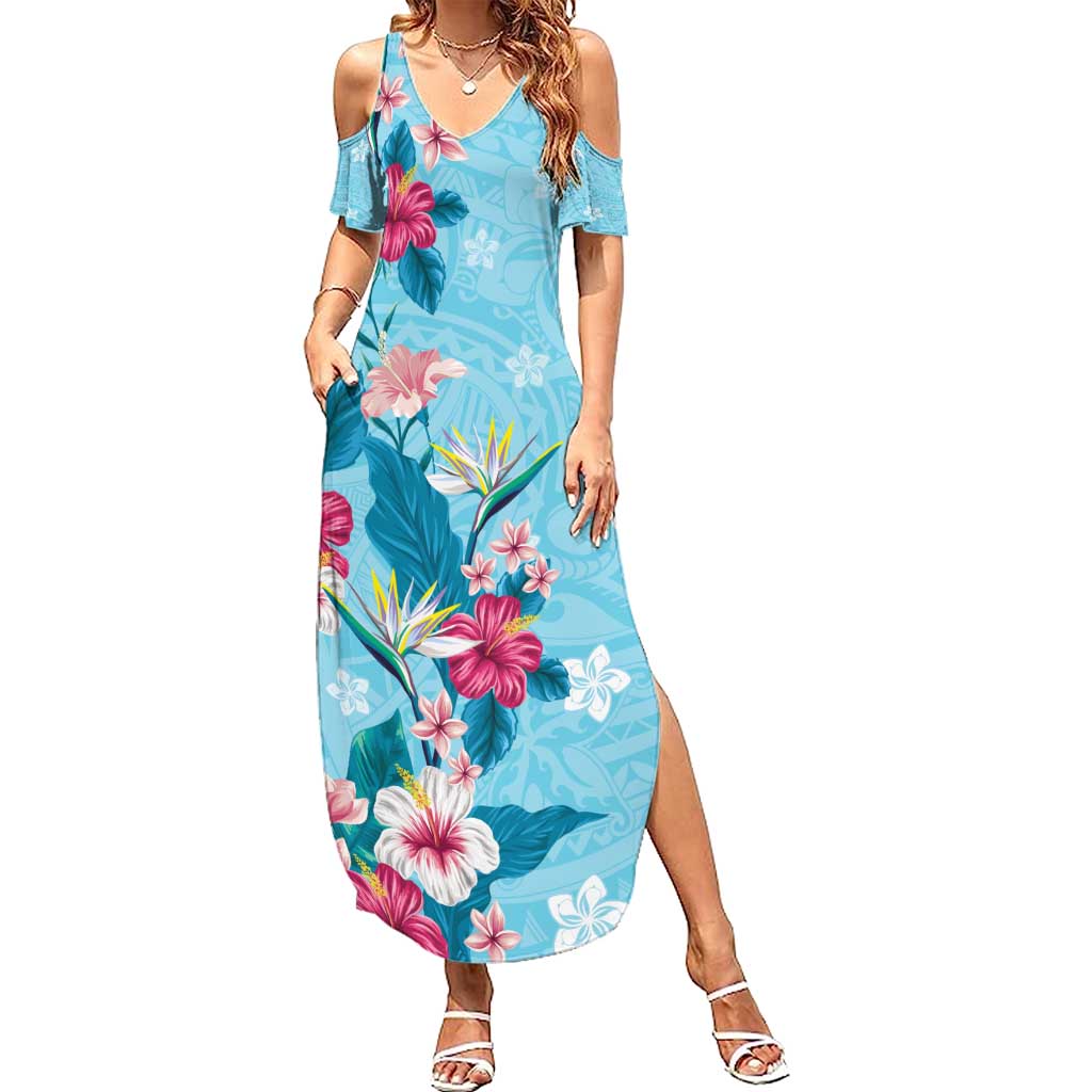 Hawaii Tropical Flowers Family Matching Summer Maxi Dress and Hawaiian Shirt Polynesian Tattoo Sky Blue