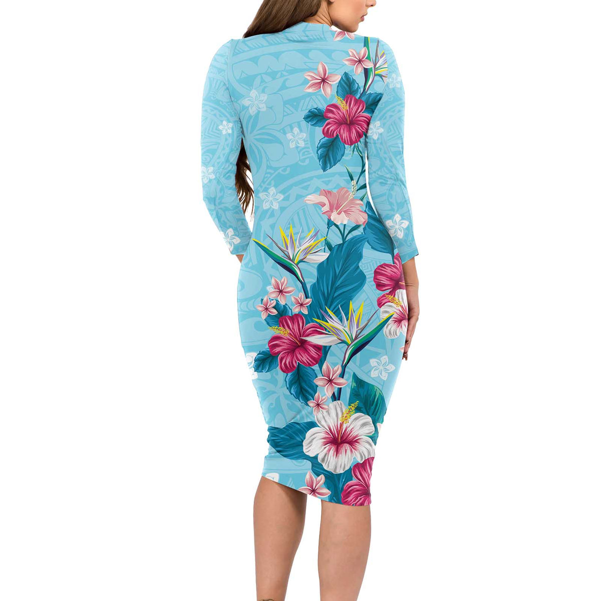 Hawaii Tropical Flowers Long Sleeve Bodycon Dress Polynesian Tattoo Sky Blue