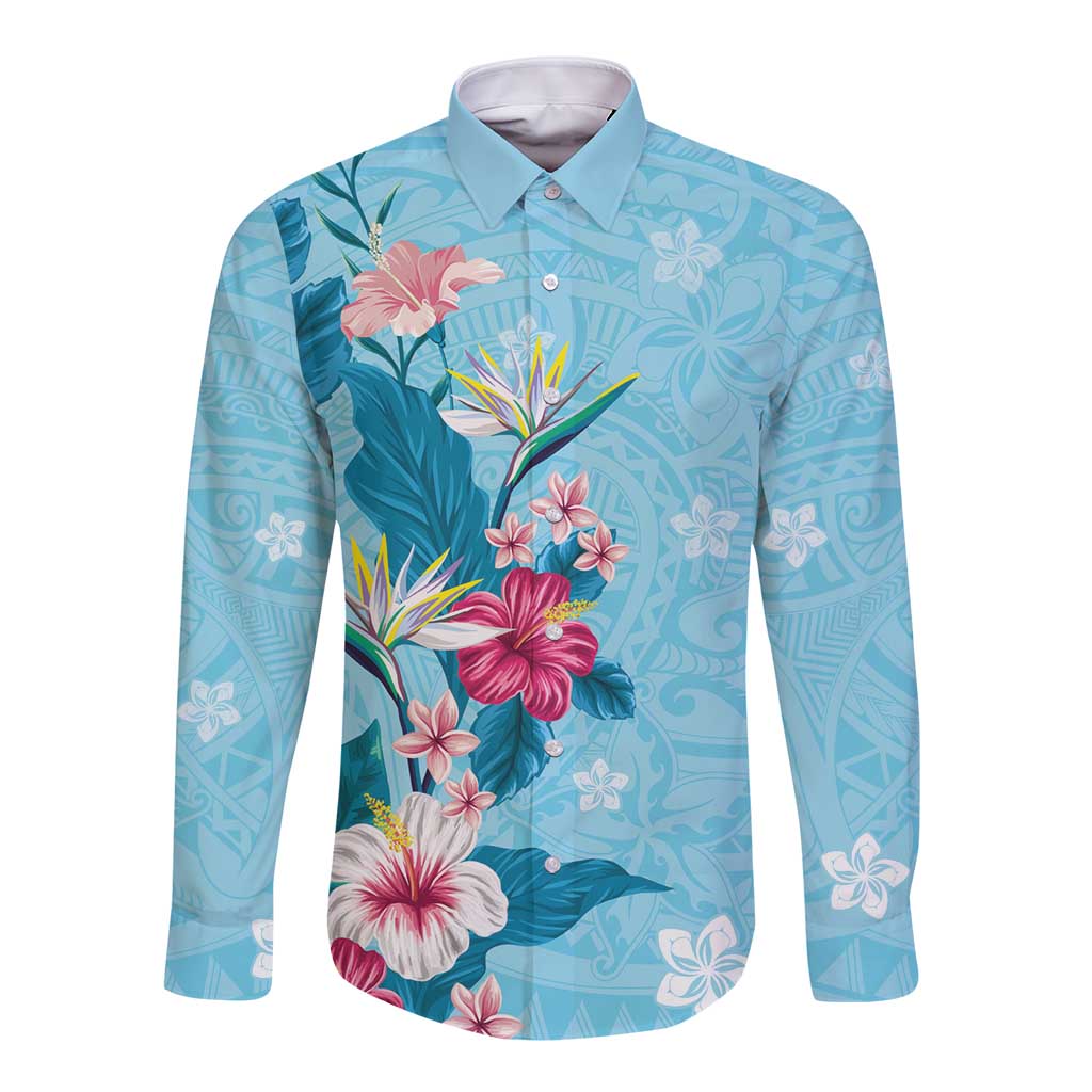 Hawaii Tropical Flowers Long Sleeve Button Shirt Polynesian Tattoo Sky Blue LT05 Unisex Blue - Polynesian Pride