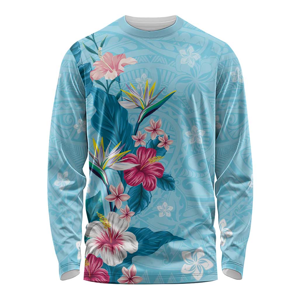 Hawaii Tropical Flowers Long Sleeve Shirt Polynesian Tattoo Sky Blue LT05 Unisex Blue - Polynesian Pride