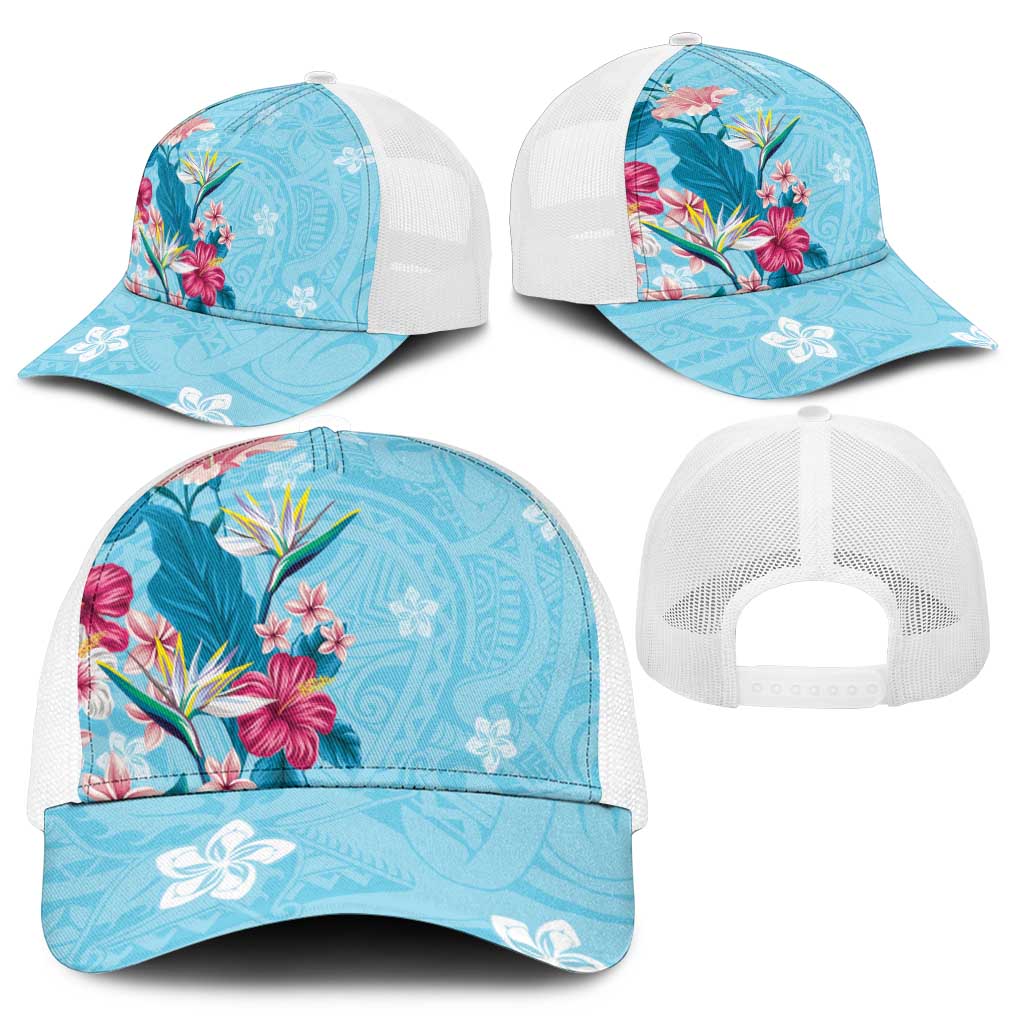 Hawaii Tropical Flowers Mesh Trucker Cap Polynesian Tattoo Sky Blue