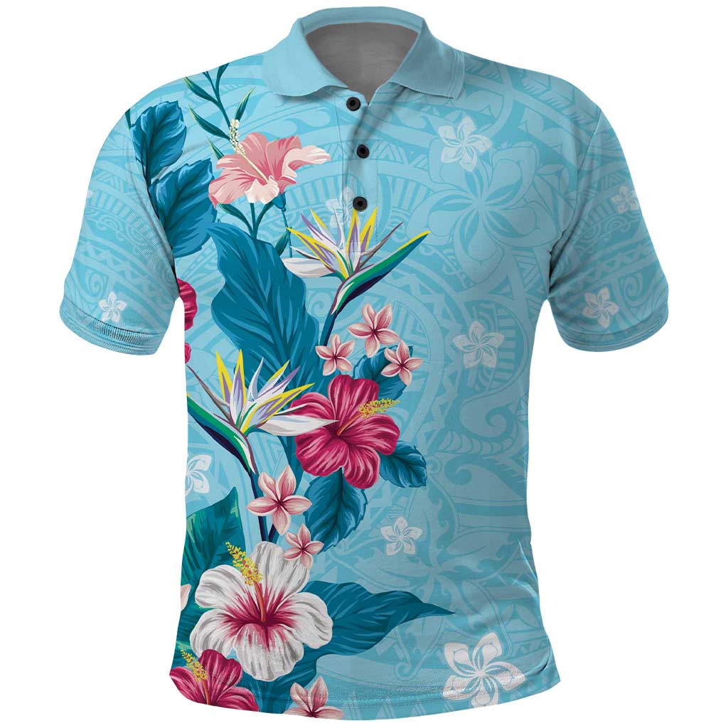 Hawaii Tropical Flowers Polo Shirt Polynesian Tattoo Sky Blue LT05 Blue - Polynesian Pride