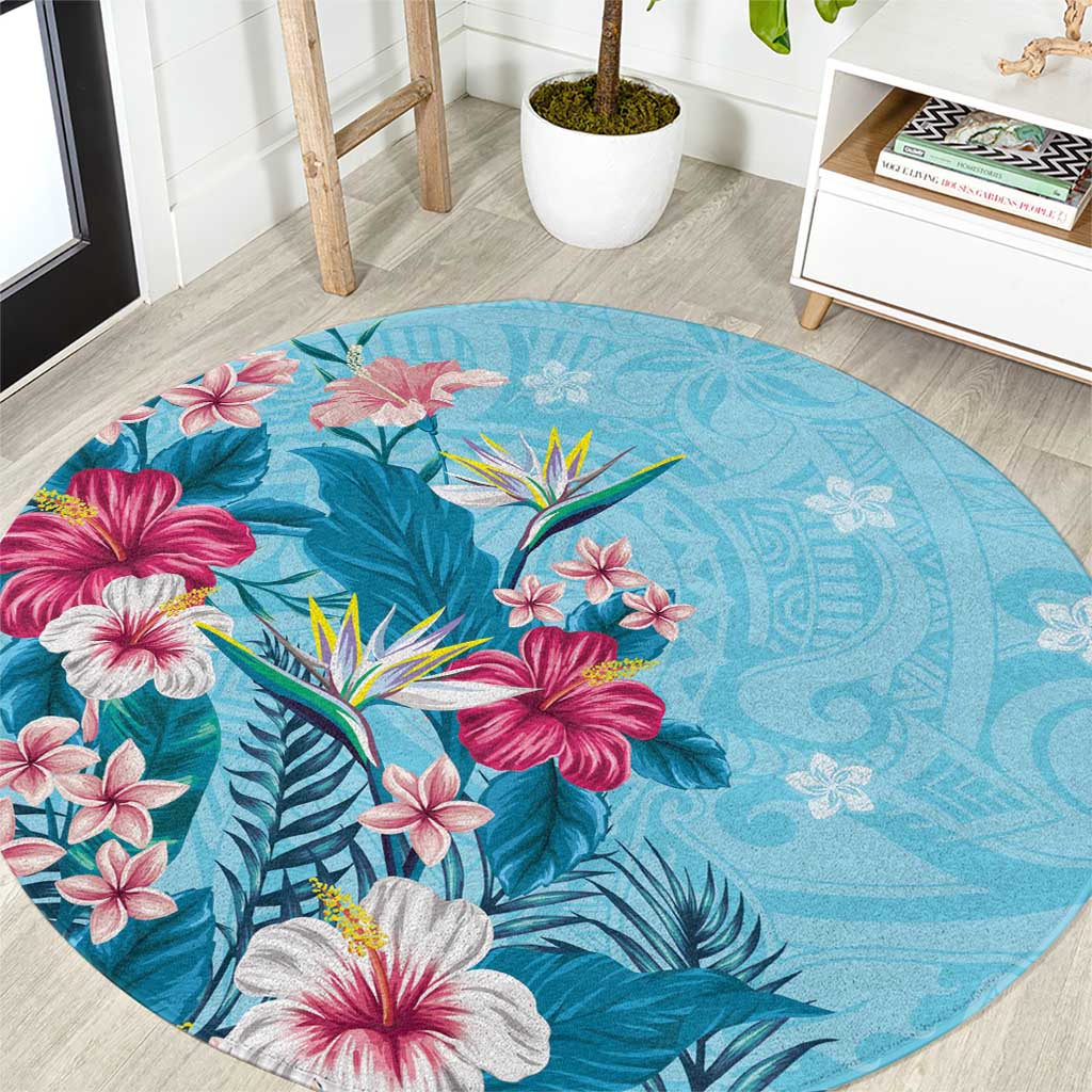 Hawaii Tropical Flowers Round Carpet Polynesian Tattoo Sky Blue LT05 Blue - Polynesian Pride