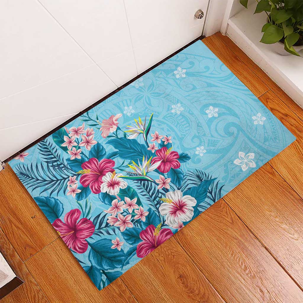 Hawaii Tropical Flowers Rubber Doormat Polynesian Tattoo Sky Blue