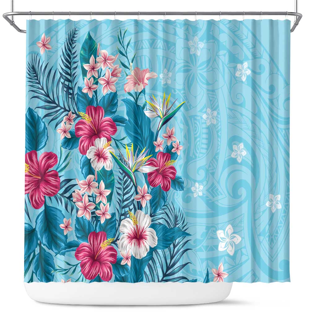 Hawaii Tropical Flowers Shower Curtain Polynesian Tattoo Sky Blue LT05 Blue - Polynesian Pride