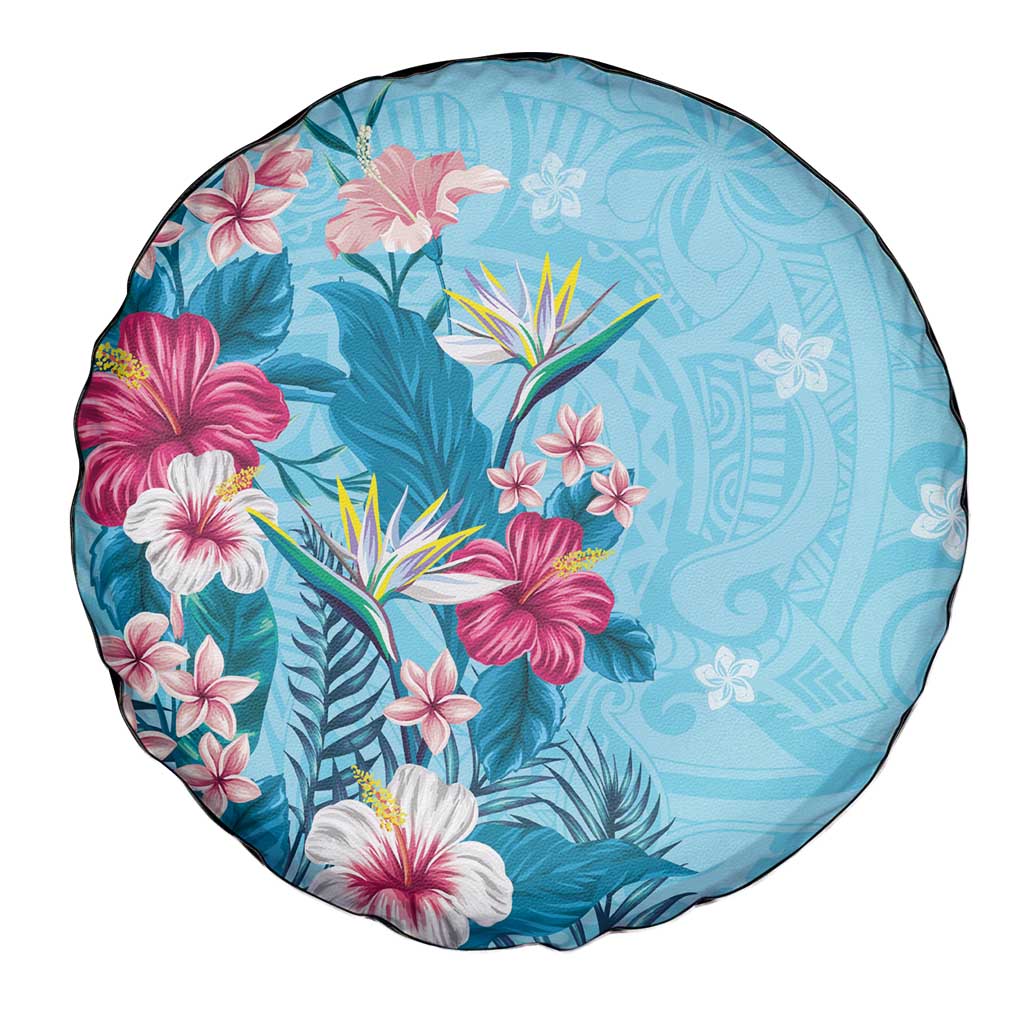 Hawaii Tropical Flowers Spare Tire Cover Polynesian Tattoo Sky Blue