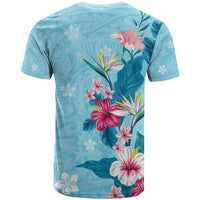 Hawaii Tropical Flowers T Shirt Polynesian Tattoo Sky Blue