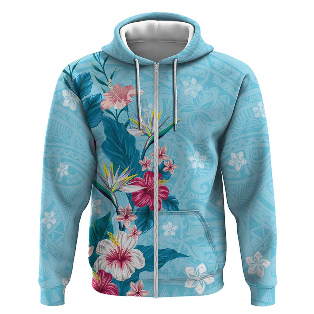 Hawaii Tropical Flowers Zip Hoodie Polynesian Tattoo Sky Blue LT05 Zip Hoodie Blue - Polynesian Pride