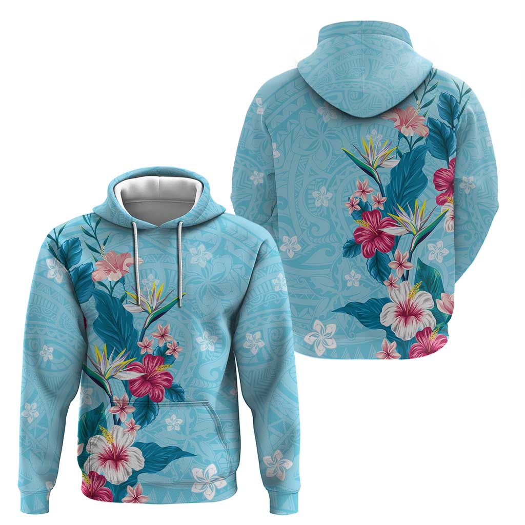 Hawaii Tropical Flowers Zip Hoodie Polynesian Tattoo Sky Blue